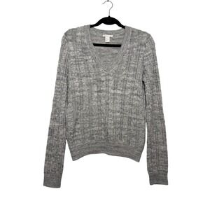 H&M Basic Womens Grey Cable Knit V-Neck Sweater Cotton Blend Size S